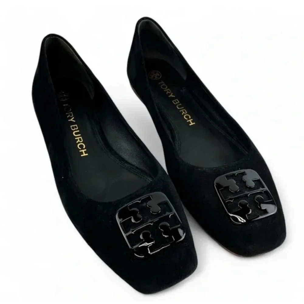 Tory Burch Suede Square Toe Flats Women 9M Black Good Patent Logo‎ Ballet Shoes
